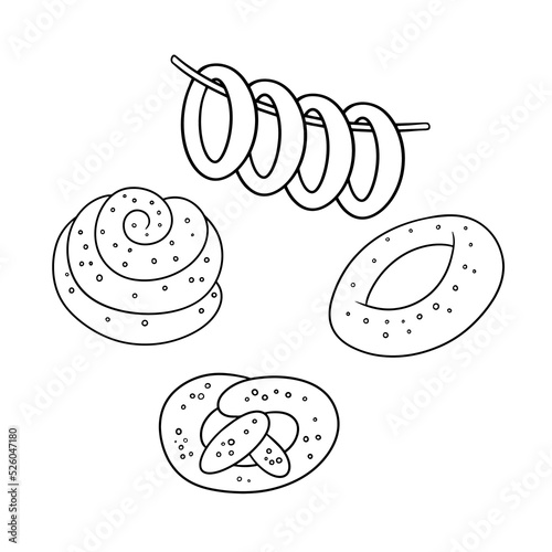 Monochrome Set of delicious cakes, pretzels and bagels sprinkled with sesame and poppy seeds, vector cartoon