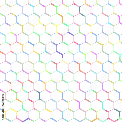 White background and multicolored hexagon pattern.
