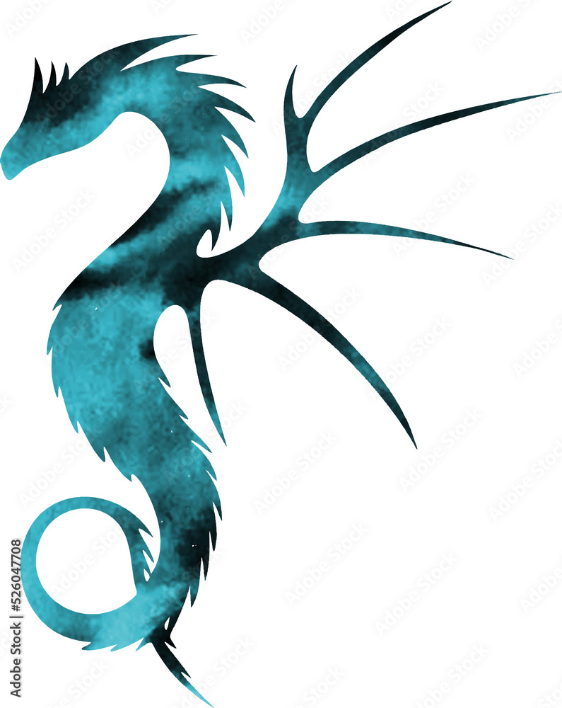 Fototapeta premium Dragon silhouette watercolor Blue and dark. PNG.