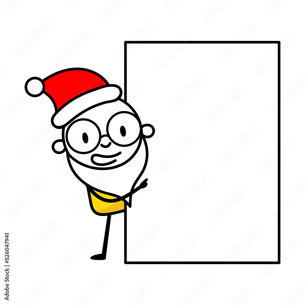 Man stands near a blank banner in Santa hat and white beard. Cartoon Christmas character concept. Isolated vector stock illustration