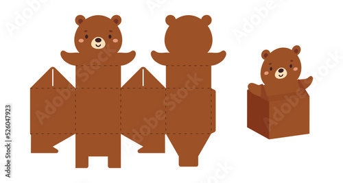 Simple packaging favor box bear design for sweets, candies, small presents. Party package template for any purposes, birthday, baby shower. Print, cut out, fold, glue. Vector stock illustration