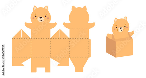 Simple packaging favor box cat design for sweets, candies, small presents. Party package template for any purposes, birthday, baby shower. Print, cut out, fold, glue. Vector stock illustration