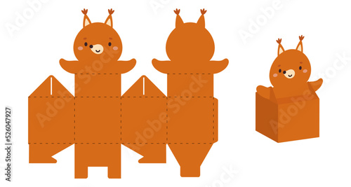 Simple packaging favor box squirrel design for sweets, candies, small presents. Party package template for any purposes, birthday, baby shower. Print, cut out, fold, glue. Vector stock illustration