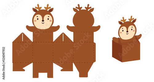 Simple packaging favor box deer design for sweets, candies, small presents. Party package template for any purposes, birthday, baby shower. Print, cut out, fold, glue. Vector stock illustration