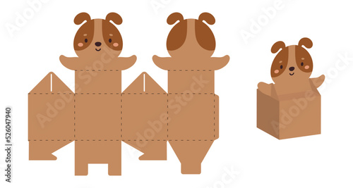 Simple packaging favor box dog design for sweets, candies, small presents. Party package template for any purposes, birthday, baby shower. Print, cut out, fold, glue. Vector stock illustration photo