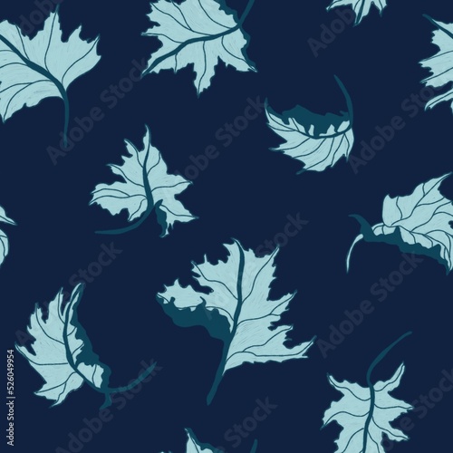 Seamless pattern with different pumpkin leaves drawn by hand on a blue background. For cards, textiles, decor, as design elements, banners.