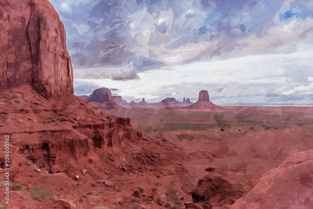 Digitally created watercolor painting of a stormy Artist Point in Monument Valley