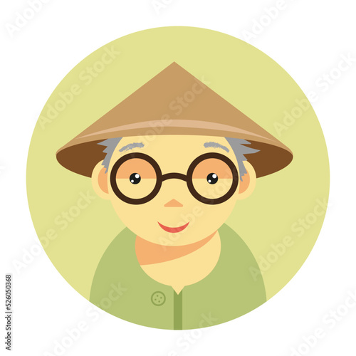 Japanese old man face portrait flat vector illustration. Asian farmer gardener wearing traditional cone hat in round circle frame. Pale green color palette flat vector character.