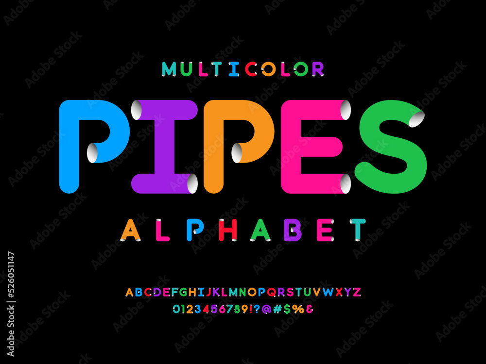 colorful tube style alphabet design with uppercase, numbers and symbols