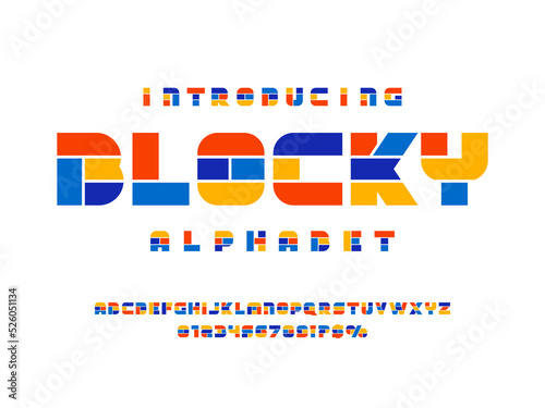 Colorful trendy geometry style alphabet design with uppercase, numbers and symbols