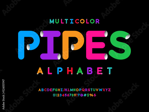 colorful tube style alphabet design with uppercase, numbers and symbols