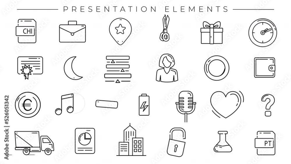 Collection of Presentation Elements line icons on the alpha channel.