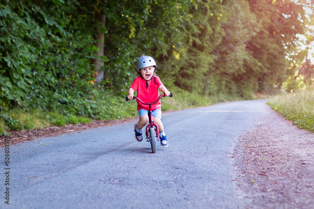Fototapeta premium Toddler boy riding down on a balance bike in the park in summer. Sport activity for little children.