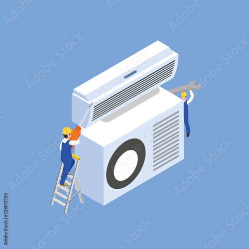 Air conditioning service isometric 3d vector illustration concept for banner, website, illustration, landing page, flyer, etc.
