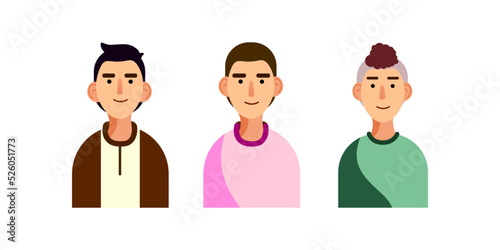 Vector illustration of Three people. A guy in a brown sweatshirt with fashionable bangs, a man with a halfbox in a pink sweater, a guy in an erocaus in a green Tshirt. Drawn style. For business