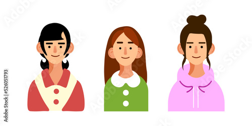 Vector illustration of Three people. Three girls, one in a red shirt with black hair, the second a brownhaired woman in a green dress with polka dot, the third with a bun in a down jacket. Drawn style photo