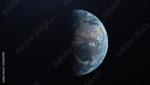 Planet Earth from outer space. Realistic transition from night to day. 3d illustration