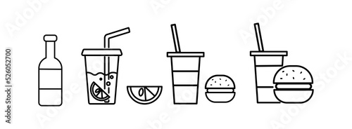 Fast food set icon. Soda, water, cola, cocktail, burger, hot dog, hamburger, juice, lemon, orange, gases. Junk food concept. Vector line icon for Business and Advertising