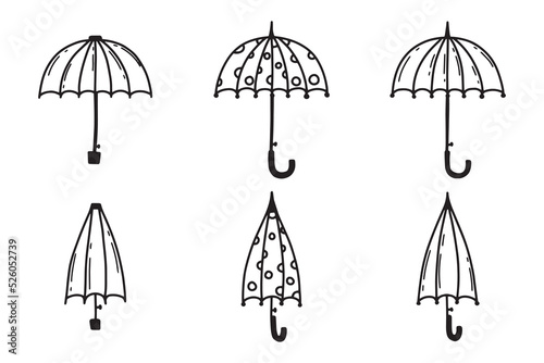 Set of op umbrellas. Doodle umbrellas. Vector illustration.