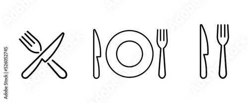 Cutlery set icon. Fork, knife, plate, food, dish, waiter, kitchen, lunch, breakfast, appetite, eat, cousine. Meal concept. Vector line icon for Business and Advertising