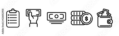 Banking set icon. Card, credit card, debit, contactless payment, ATM, wallet, cashback, check, report, calculator. Money concept. Vector line icon for Business and Advertising