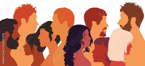 Multiethnic diversity. Coexistence and integration of multicultural communities. Group side cartoons of men and women from different cultures and countries. Crowd of people.