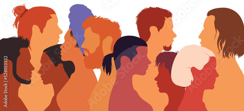 Vector flat cartoon illustration of men and women of diverse cultures and countries. Harmony and diversity within multicultural communities. Multiethnic diversity. Racial equality.