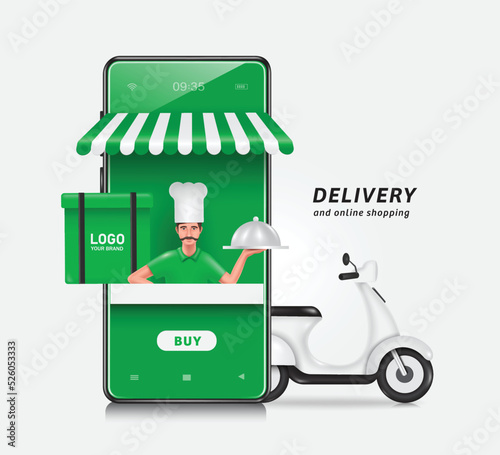 Chef wearing a kitchen hat holding food with cover on it and square food bag on side is placed for food delivery man and all are in front of smartphone store,vector 3d for delivery and online shopping