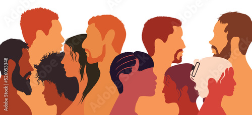 People talking. Dialogue. Colourful flat cartoon figures. Multiple exposures, conferences or debates. Friends comparing notes. Flat cartoon vector illustration.