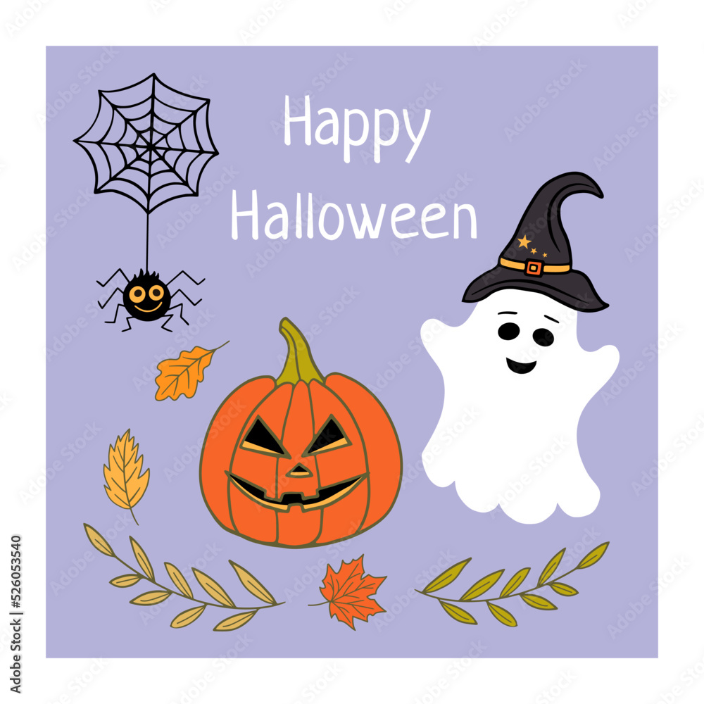 Stock vector Halloween hand drawn greeting card with ghost and pumpkin