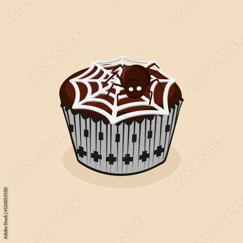 Halloween chocolate cupcake with web and spider on top hand drawn vector illustration