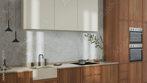 Japandi trendy wooden kitchen in white and beige tones. Wooden cabinets and marble top. Wabi sabi interior design