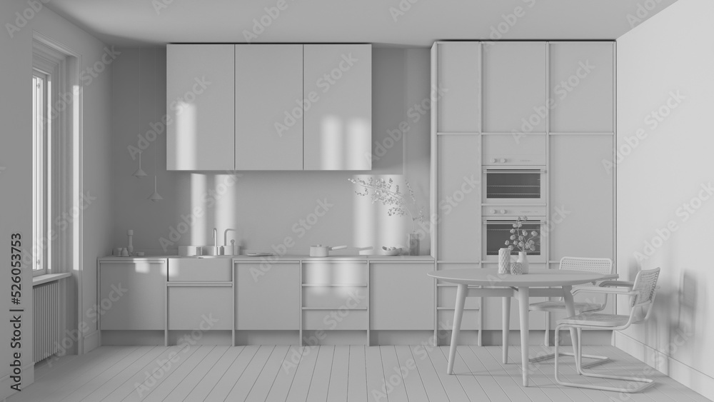 Total white project draft, japandi trendy wooden kitchen and dining room. Wooden cabinets, table and marble top. Minimalist interior design