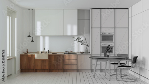 Architect interior designer concept: hand-drawn draft unfinished project that becomes real, japandi trendy wooden kitchen and dining room. Wooden cabinets, table and marble top