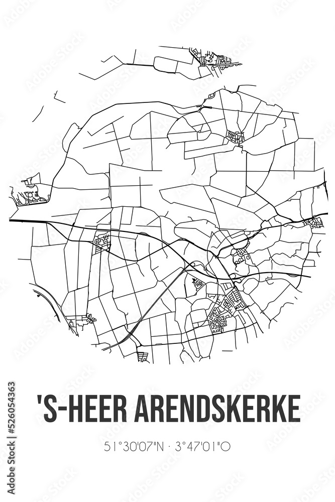 Abstract street map of 's-Heer Arendskerke located in Zeeland municipality of Goes. City map with lines