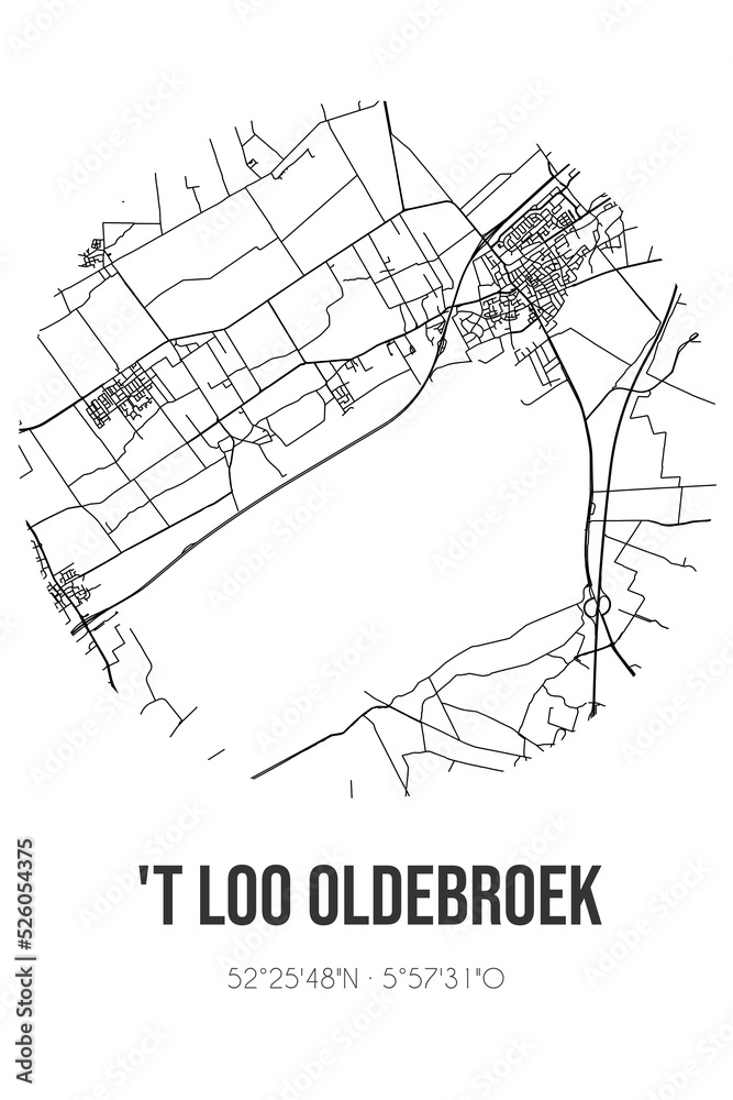 Abstract street map of 't Loo Oldebroek located in Gelderland municipality of Oldebroek. City map with lines