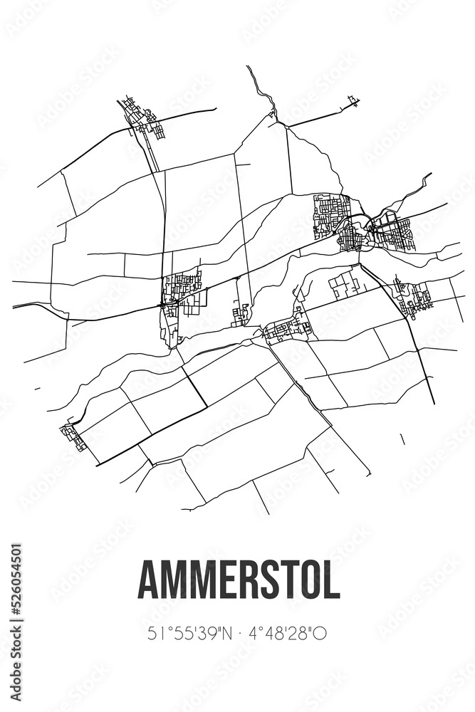 Abstract street map of Ammerstol located in Zuid-Holland municipality of Krimpenerwaard. City map with lines