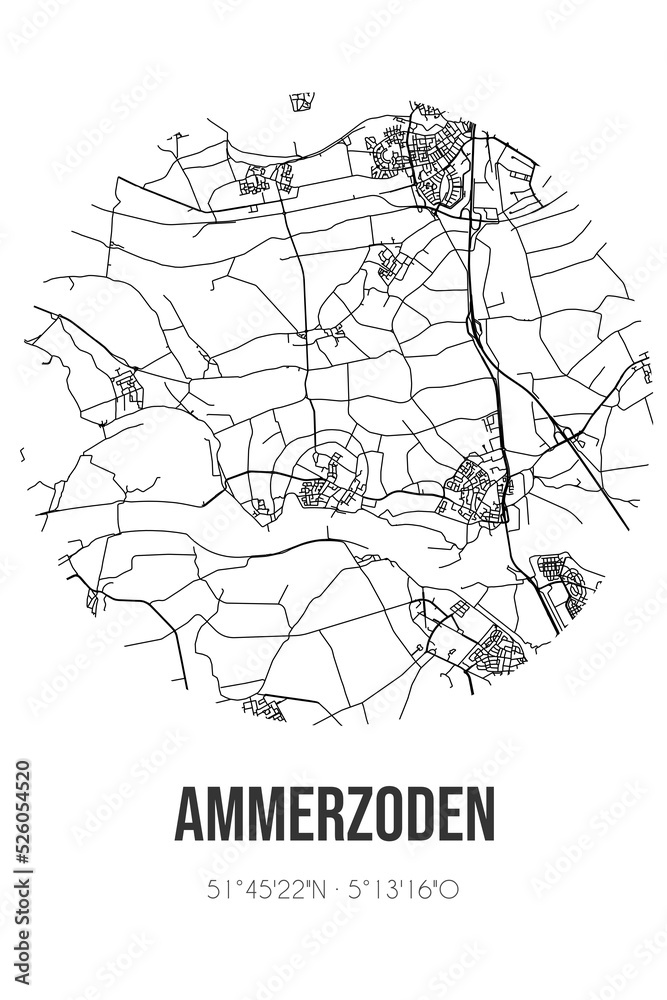 Abstract street map of Ammerzoden located in Gelderland municipality of Maasdriel. City map with lines