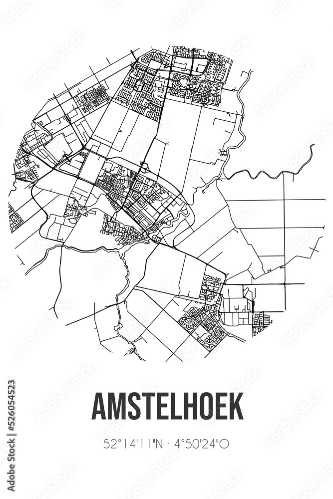 Abstract street map of Amstelhoek located in Utrecht municipality of De Ronde Venen. City map with lines