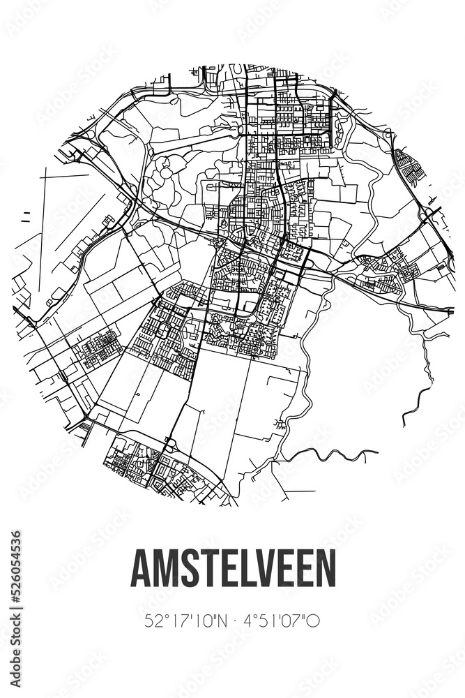 Abstract street map of Amstelveen located in Noord-Holland municipality of Amstelveen. City map with lines