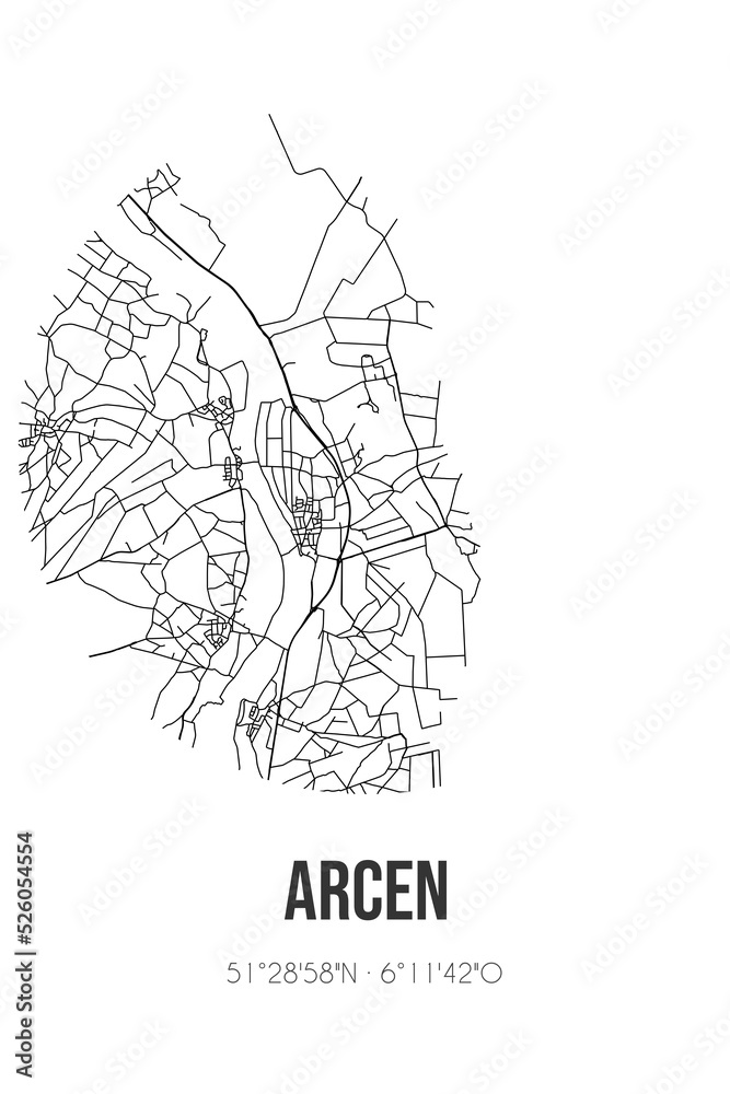 Abstract street map of Arcen located in Limburg municipality of Venlo. City map with lines