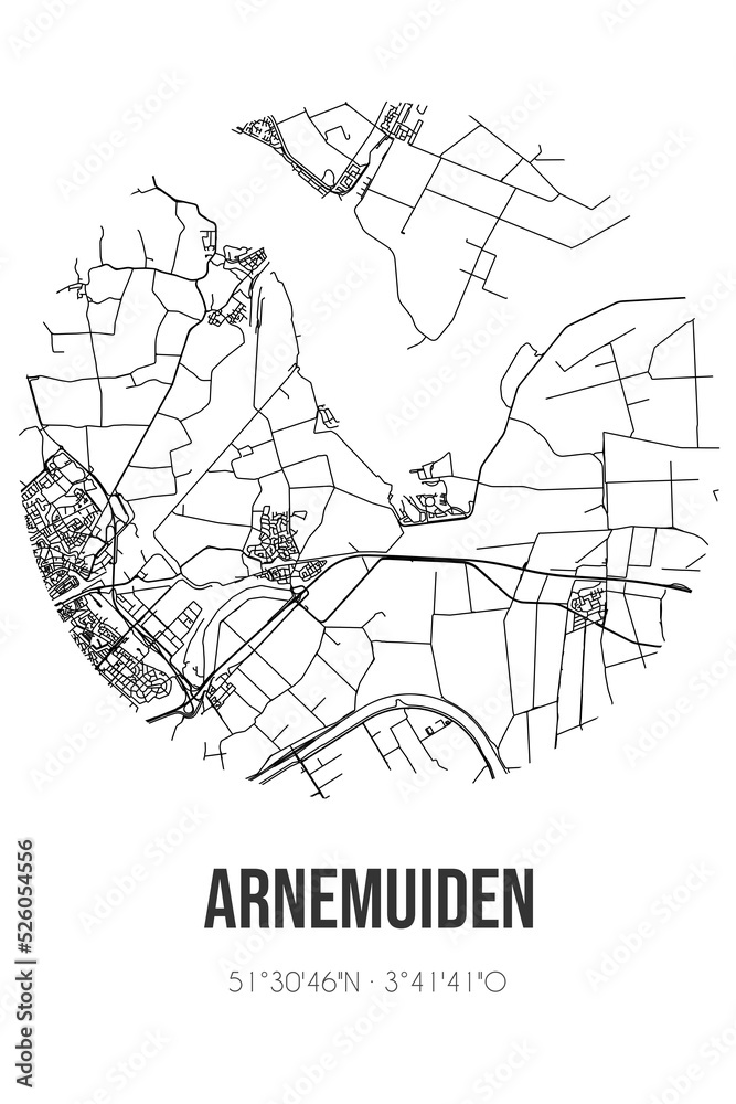 Abstract street map of Arnemuiden located in Zeeland municipality of Middelburg. City map with lines