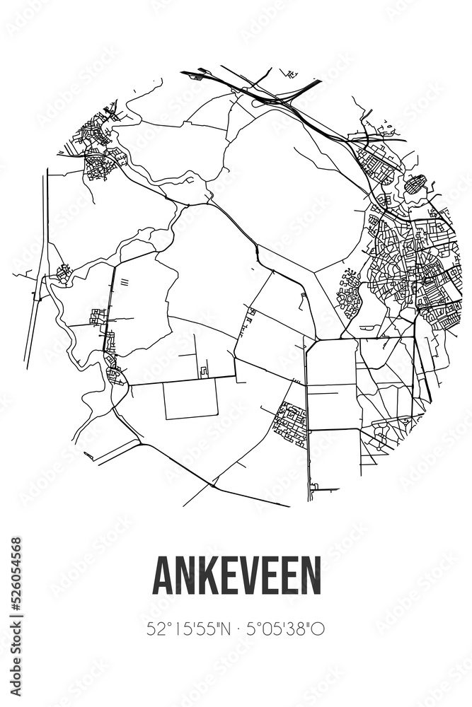 Abstract street map of Ankeveen located in Noord-Holland municipality of Wijdemeren. City map with lines