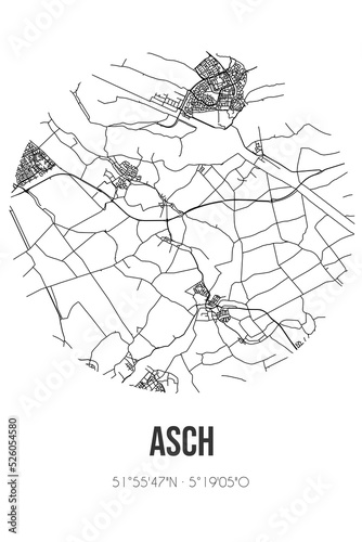 Abstract street map of Asch located in Gelderland municipality of Buren. City map with lines