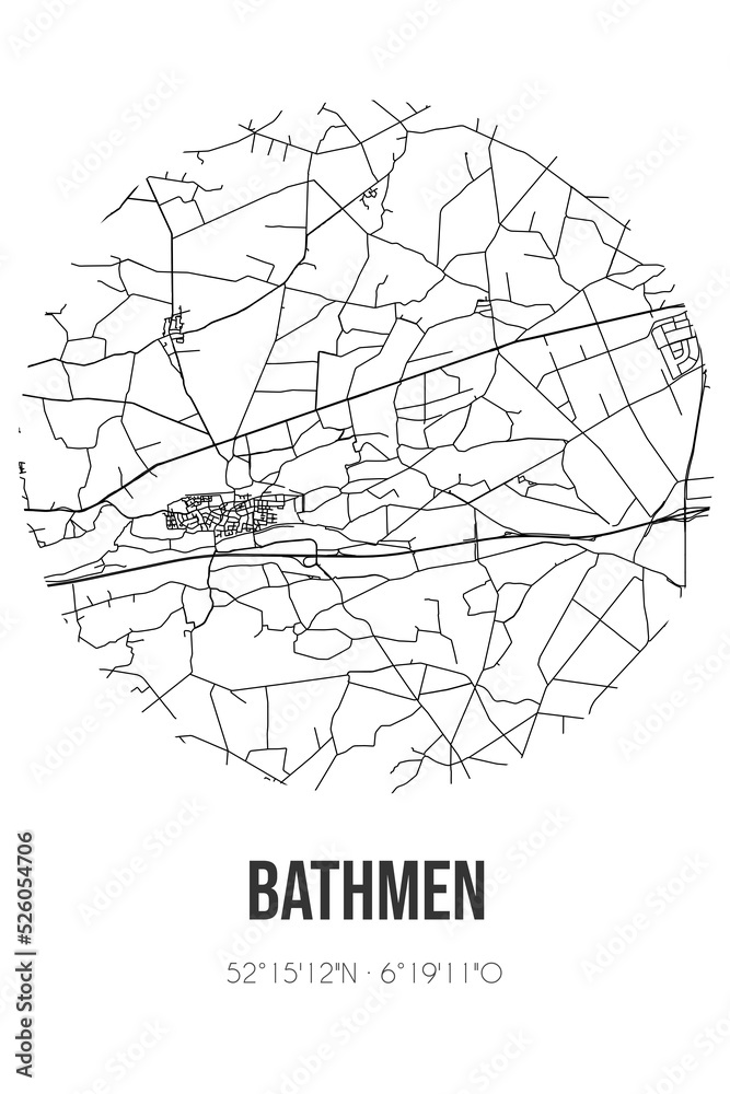 Abstract street map of Bathmen located in Overijssel municipality of Deventer. City map with lines