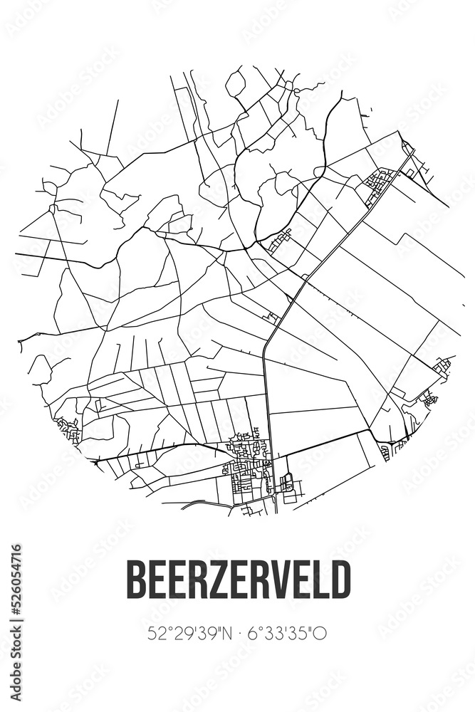 Abstract street map of Beerzerveld located in Overijssel municipality of Ommen. City map with lines