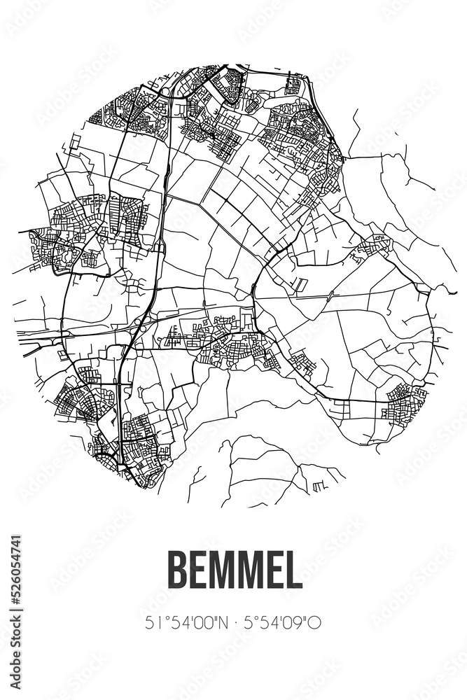 Abstract street map of Bemmel located in Gelderland municipality of Lingewaard. City map with lines