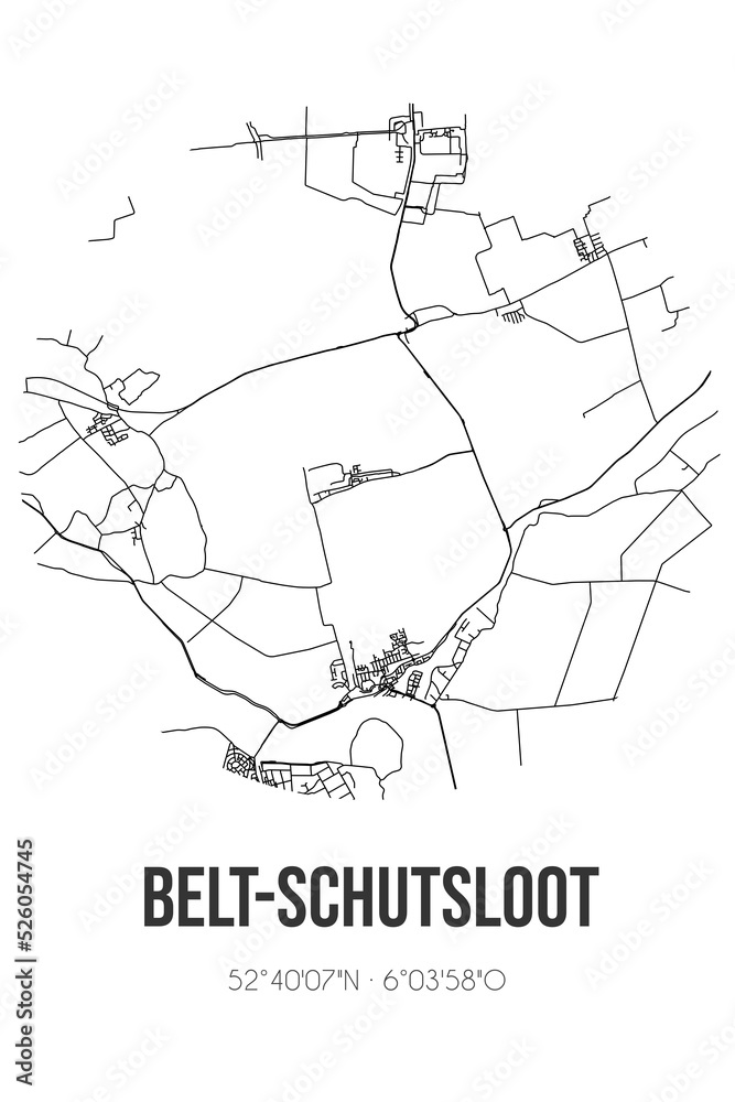 Abstract street map of Belt-Schutsloot located in Overijssel municipality of Steenwijkerland. City map with lines
