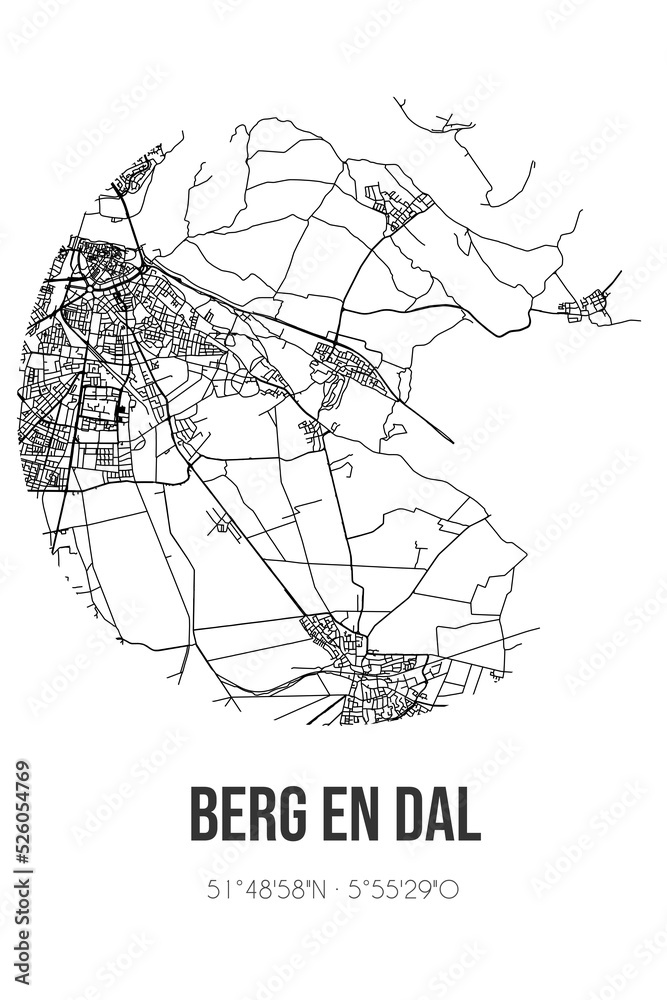 Abstract street map of Berg en Dal located in Gelderland municipality of Berg en Dal. City map with lines