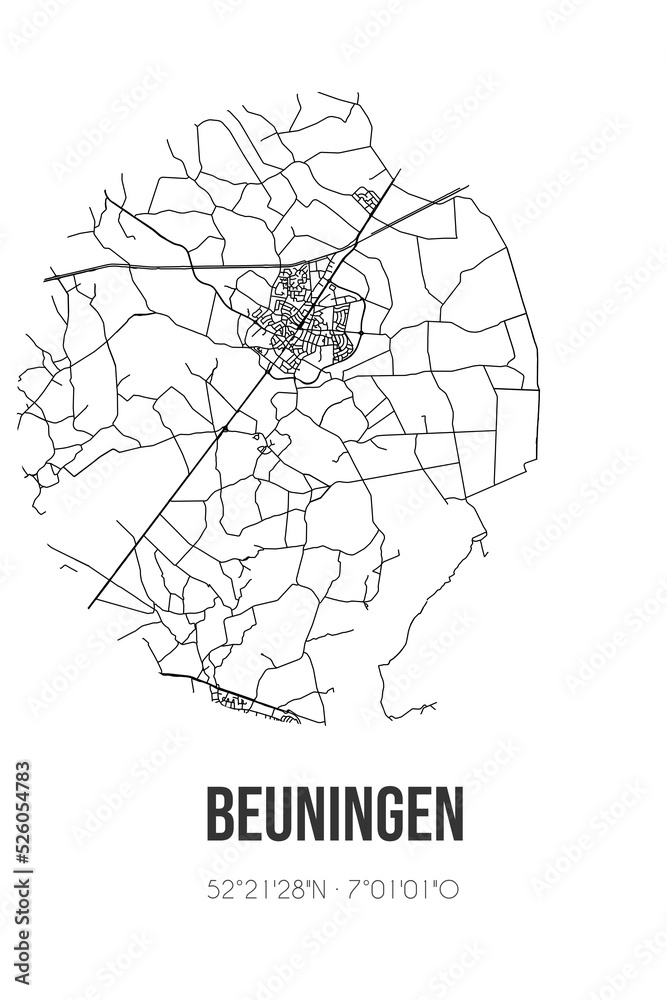 Obraz premium Abstract street map of Beuningen located in Overijssel municipality of Losser. City map with lines